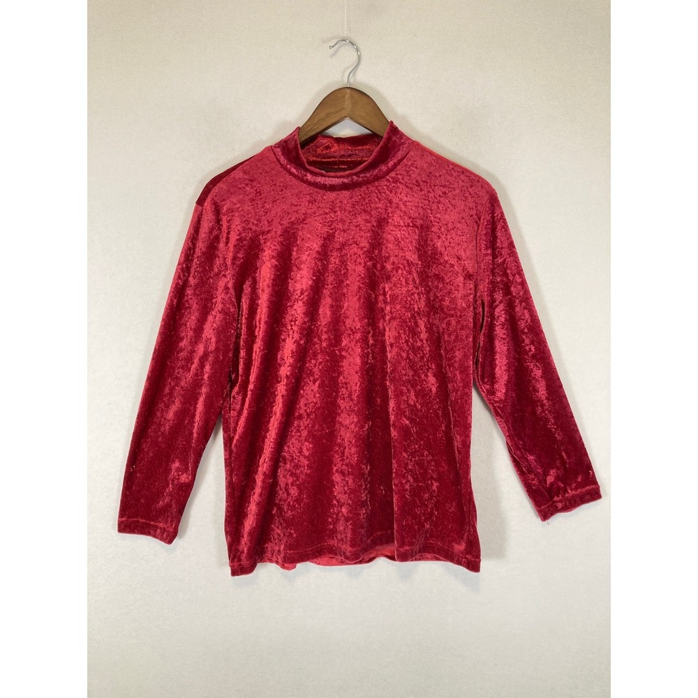 Vintage Haband Womens LG Red Crushed Velvet Mock Neck Long Sleeve Pullover Top